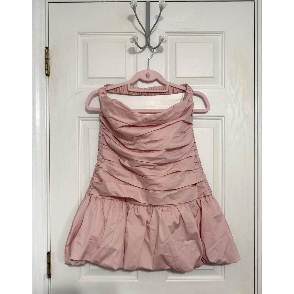 Meshki Pink Ruched Bubble Hem Mini Dress Halter Neckline Large Coquette Romanic - Picture 1 of 8